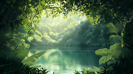 Fototapeta premium Serene landscape of a lush forest surrounding a tranquil green lake and vibrant mangrove leaves. Mangrove Forest. Illustration
