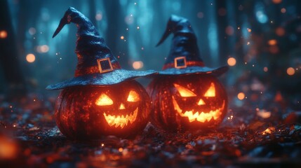 Fototapeta premium Glowing Jack-o'-Lanterns with Witch Hats in a Spooky Halloween Forest