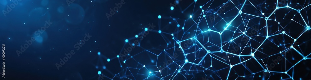 Poster abstract representation of interconnected nodes and lines, symbolizing technology and data.