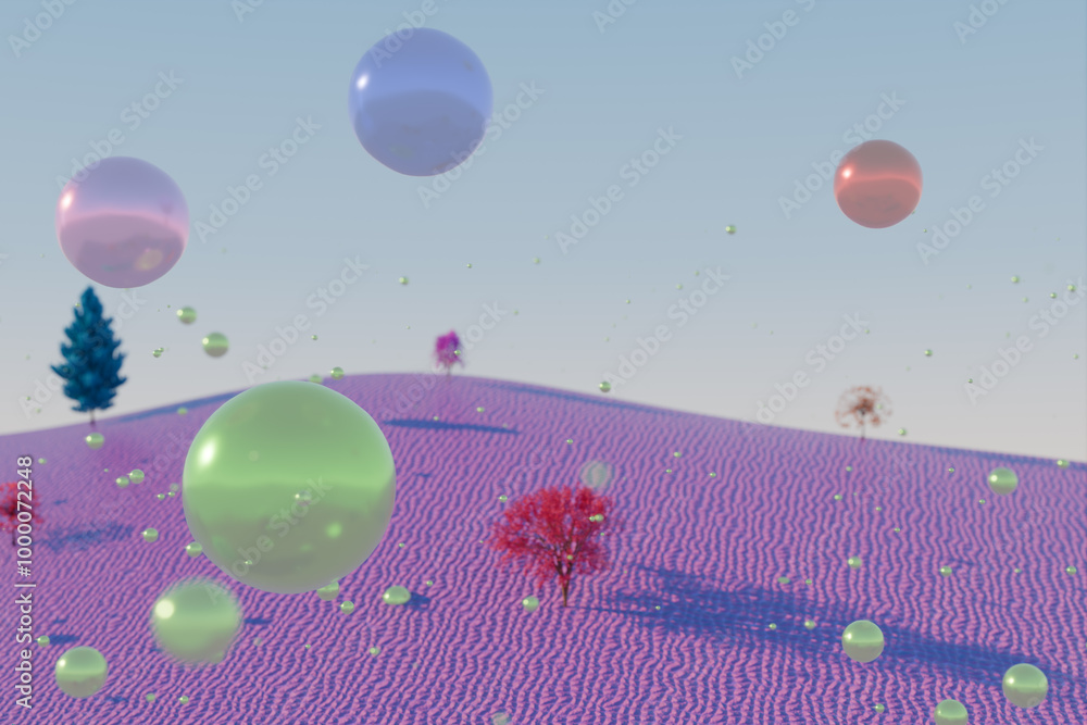 Poster colorful orbs float above a whimsical landscape of purple hills and trees, creating a surreal scene.