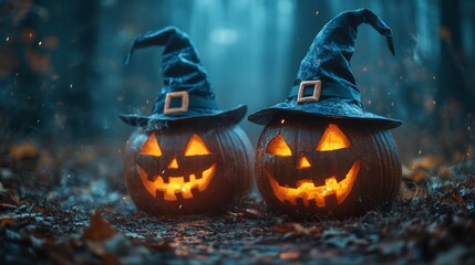 Fototapeta premium Glowing Jack-o'-Lanterns with Witch Hats in a Spooky Halloween Forest