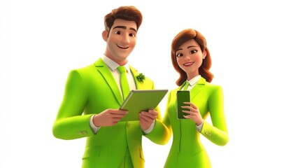 Two animated characters in bright green suits, holding devices and smiling.