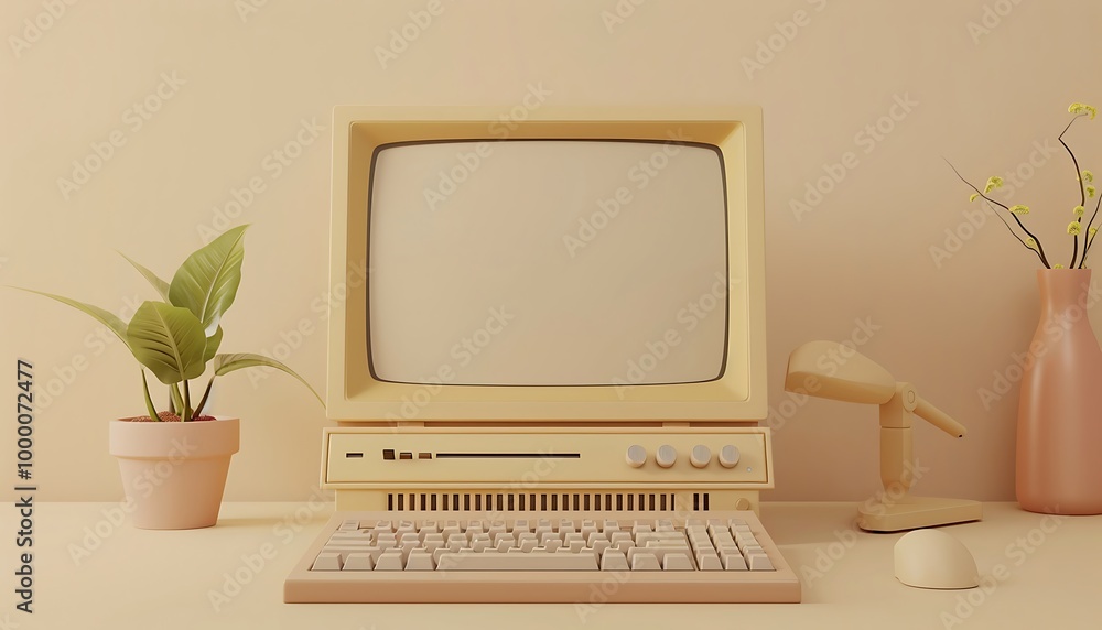 Poster retro computer and mouse on a pink background. 3d rendering