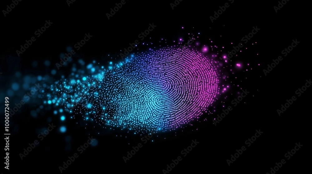 Poster colorful fingerprint design created with glowing dots against a dark background