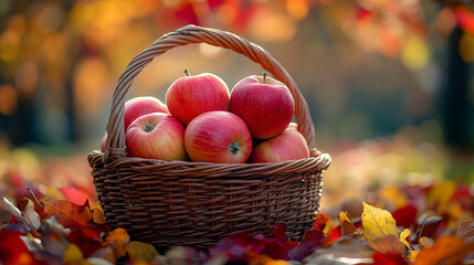 photo of a basket full of freshly picked apples sitting in an orchard during the autumn harvest, with colorful trees in the background