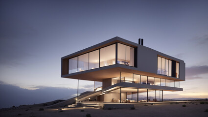 A modern, light-colored house with large windows, situated on a sandy landscape. It's elevated.