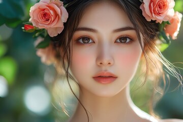 Radiant Beauty of an Asian Woman Adorned with Roses and Bathed in Warm Sunshine