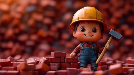 Fototapeta premium Chibi Construction Worker with Hammer in a Brick Setting