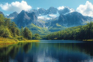 Serene Reflections of a Majestic Mountain Range by a Tranquil Lake