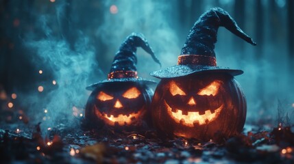 Fototapeta premium Glowing Jack-o'-Lanterns with Witch Hats in a Spooky Halloween Forest