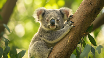 Naklejka premium Koala clinging to a eucalyptus tree with adorable expression in sunny environment