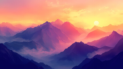 Obraz premium Sunrise in the mountains with vibrant colors and misty peaks, sunrise, mountains, scenic, landscape, dawn, vibrant, colors. Misty Mountains. Illustration