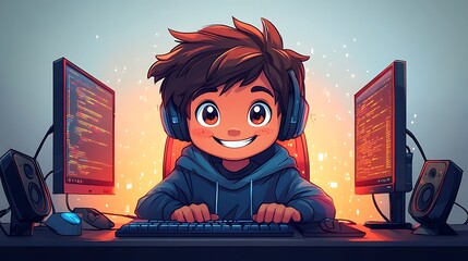 Cheerful Chibi Programmer at Computer Setup