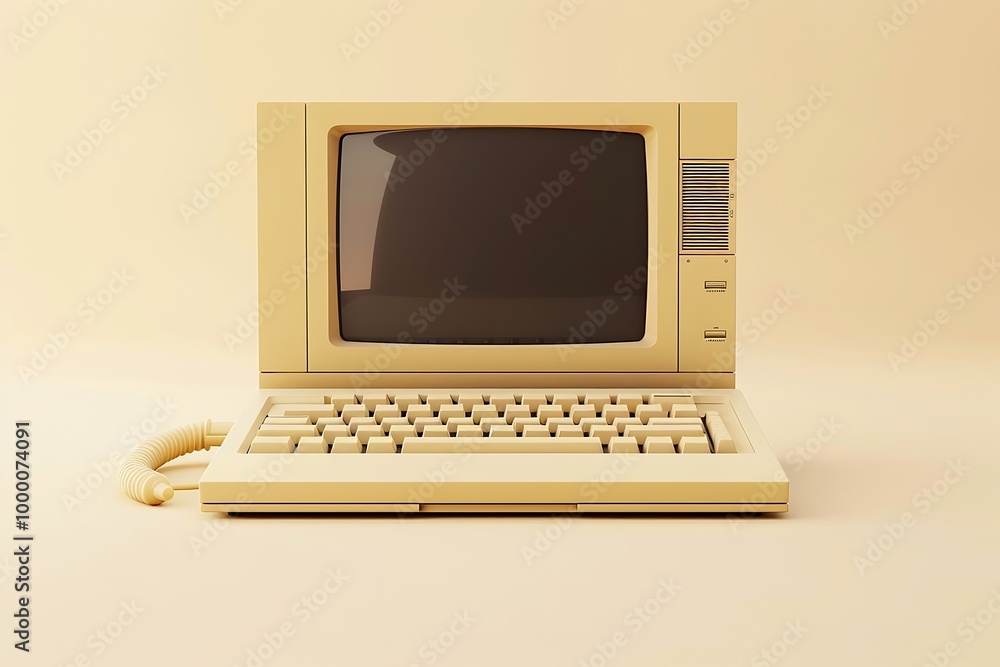 Poster retro computer and mouse on a pink background. 3d rendering