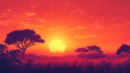 Sunset in the african savanna - generative ai. Savannah Sunrise. Illustration
