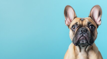 A close-up of a French Bulldog against a blue background, showcasing its expressive features.