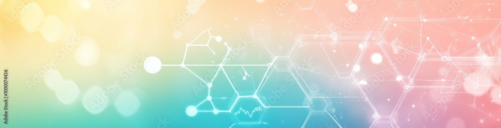 Poster abstract illustration featuring molecular structures and a colorful gradient background.