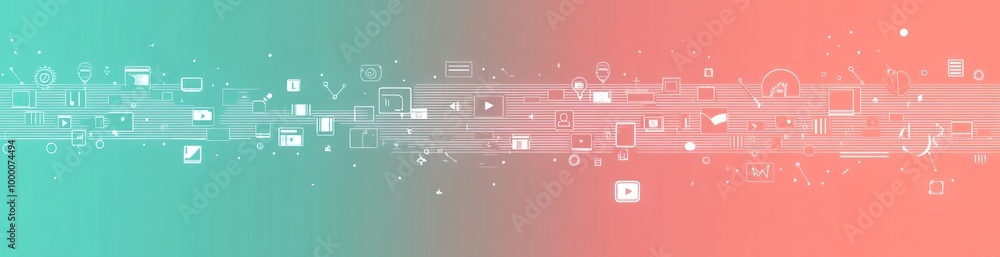 Poster abstract digital design featuring icons and symbols related to technology and communication.