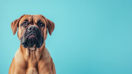 Obraz premium A close-up portrait of a Bullmastiff dog against a light blue background.