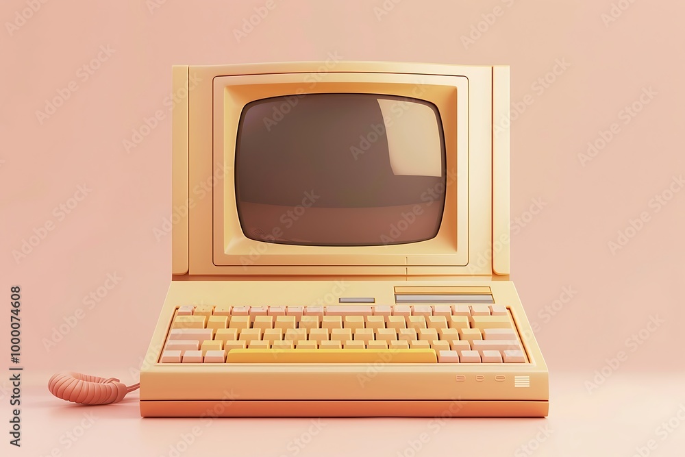 Poster retro computer and mouse on a pink background. 3d rendering
