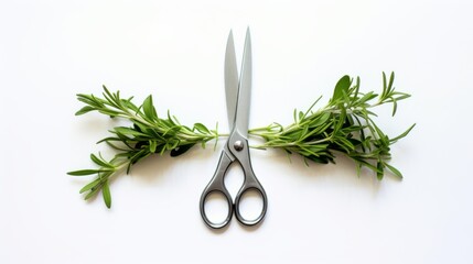 Pair of Scissors with Fresh Herbs on White Background