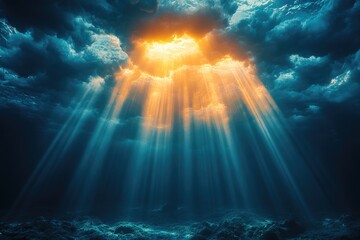 Fototapeta premium A Ray of Sunshine Breaks Through the Gloomy Clouds Above