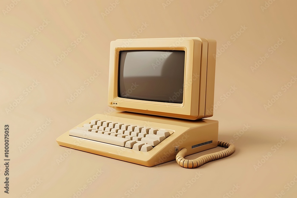 Poster retro computer and mouse on a pink background. 3d rendering