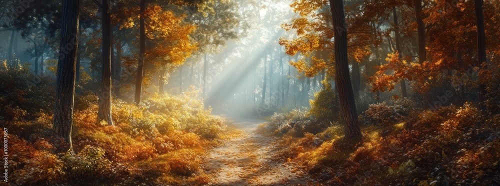 Poster a serene forest path illuminated by soft sunlight filtering through autumn foliage.