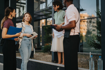 A group of four young business people holding a meeting outside a modern building, discussing ideas and collaborating. They appear engaged and focused, holding notebooks and documents.