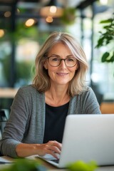 Fototapeta premium A professional woman with gray hair works on a laptop in a modern office filled with plants