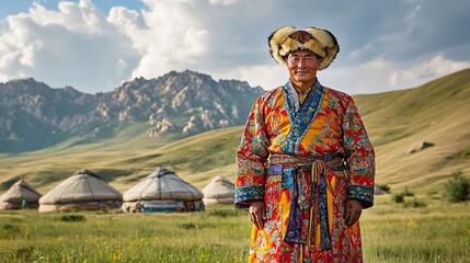 A man dressed in a traditional Mongolian deel, standing in front of a scenic mountain range with traditional yurt dwellings.