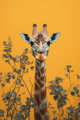 Obraz premium A graceful giraffe reaching for leaves at the top of a tree, isolated on a pastel yellow background, showcasing its long neck and elegance,