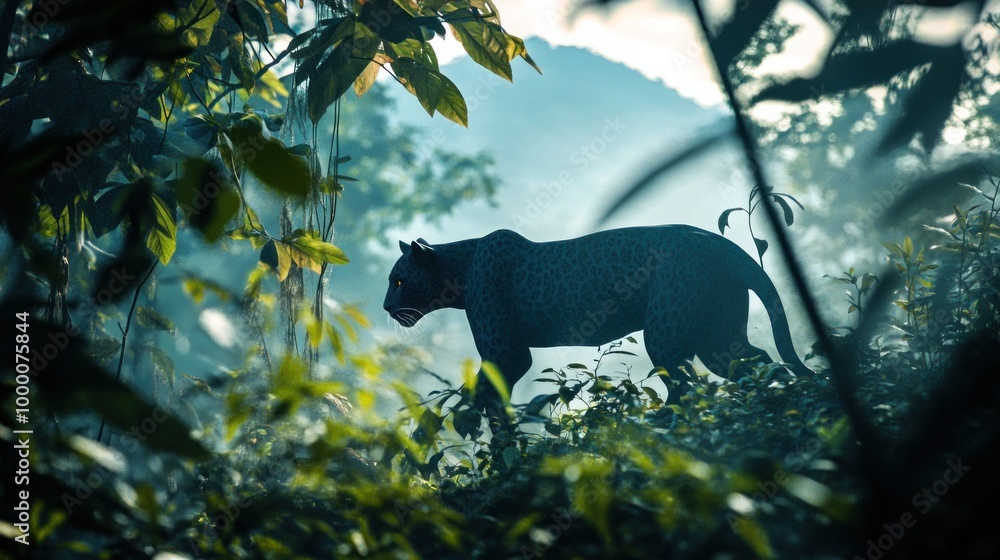 Poster a jaguar prowls through a misty jungle, highlighting the beauty of wildlife.