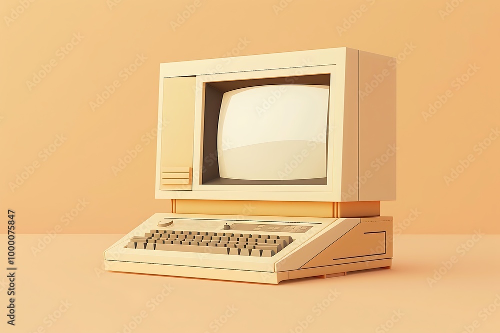 Poster retro computer and mouse on a pink background. 3d rendering