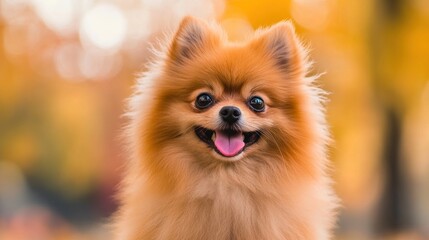 Fototapeta premium A cheerful Pomeranian dog with a fluffy coat against a warm autumn backdrop.