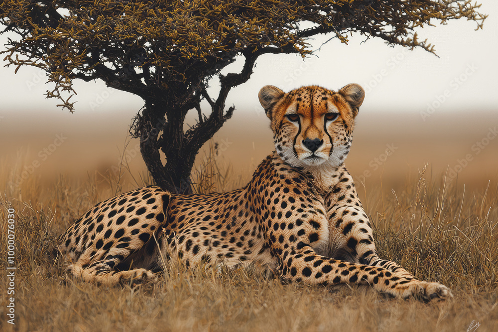 Aufkleber a cheetah resting under a tree, isolated on a pastel cream background, capturing its sleek form and 