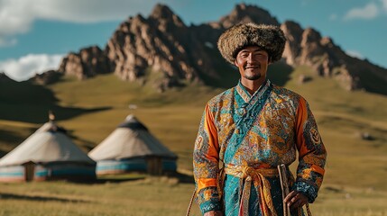 A man dressed in a traditional Mongolian deel, standing in front of a scenic mountain range with traditional yurt dwellings.