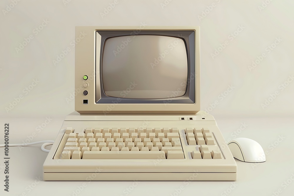 Poster retro computer and mouse on a pink background. 3d rendering