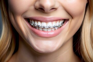 Obraz premium A woman with braces on her teeth is smiling