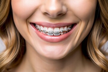 Obraz premium A woman with braces on her teeth is smiling