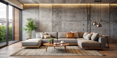 Contemporary Elegance Luxurious Grey Sectional Sofa in Modern Living Room with Textured Concrete Wall, Warm Lighting, and Natural Elements