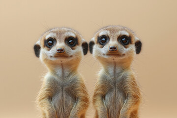 A pair of meerkats standing on their hind legs, isolated on a pastel beige background, showcasing their alert and curious nature,