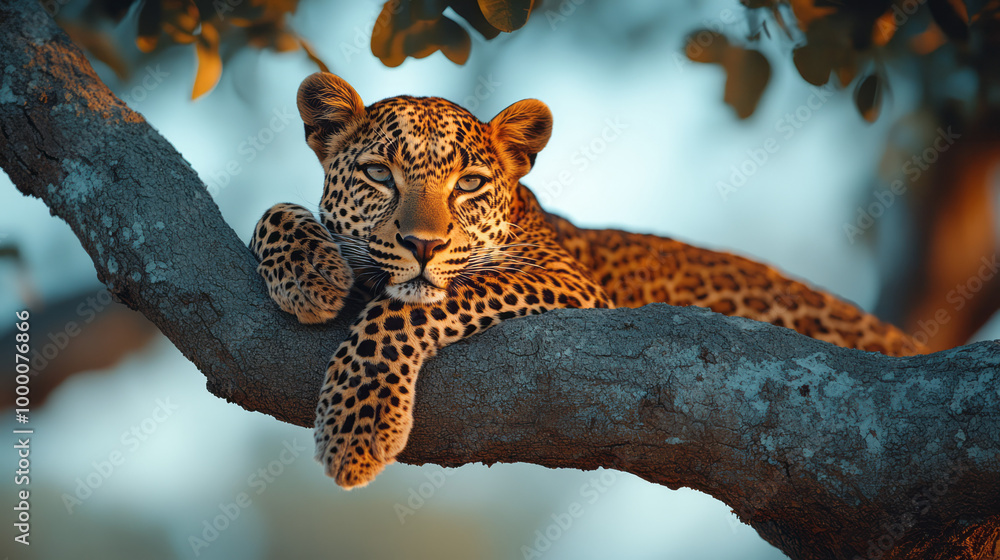 Poster a leopard lounging in a tree, isolated on a pastel blue background, representing its stealth and agi