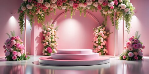 Elegance in Bloom Luxurious Pink Floral Arch on Three-Tiered Podium, Romantic Aesthetic for Beauty Products or Event Decor