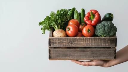 Assortment of Fresh Organic Vegetables in a Wooden Crate or Basket