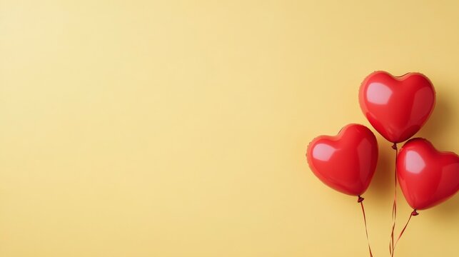 Bright yellow background with red heart-shaped balloons floating cheerfully together - Powered by Adobe