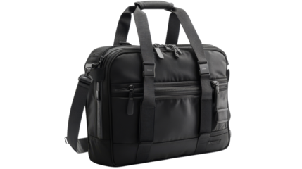 Black Travel Bag with Handles and Shoulder Strap.