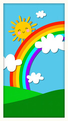 Fototapeta premium sun and rainbow and clouds in the blue sky landscape frame, green meadow paper texture, kids fairy tale and nursery rhyme vertical wallpaper