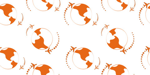 Seamless Airplane Around The World Map in Orange Style