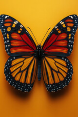 A vibrant monarch butterfly with outstretched wings, isolated on a soft pastel orange background, showcasing its delicate beauty,
